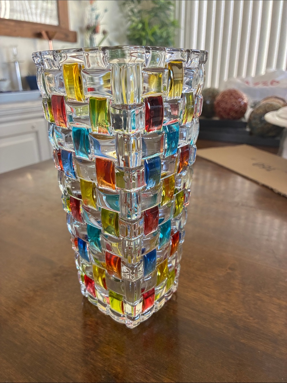 Clear Mosaic Glass Vase with Multicolor Accents